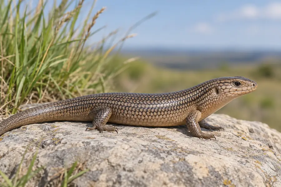 Great plains skink resting on a smooth pale stone beside a tuft of grass.